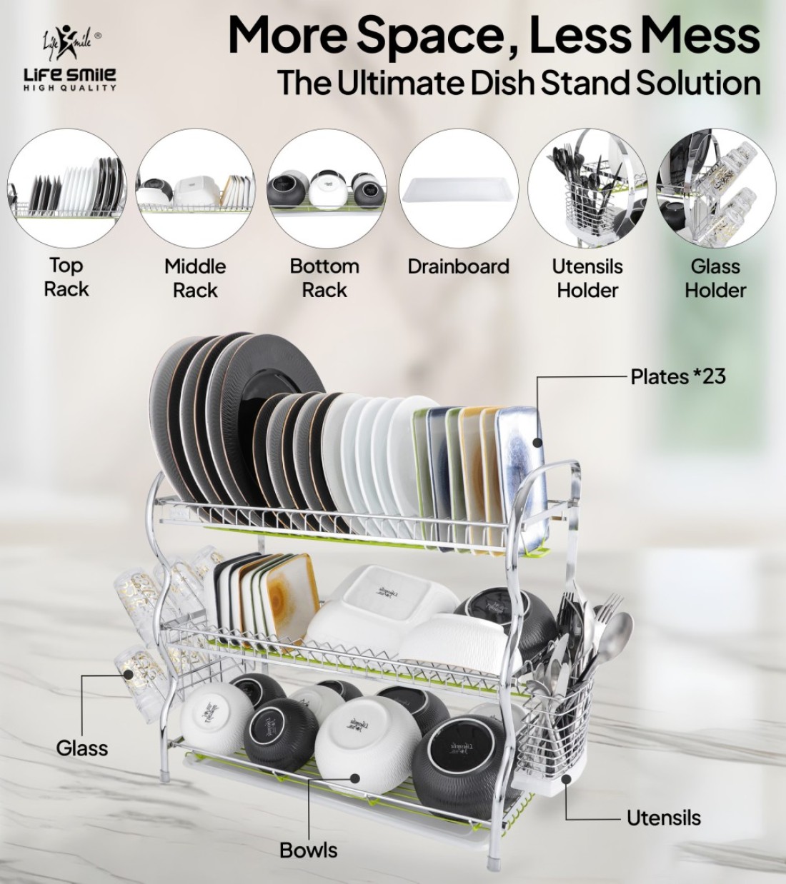 Life Smile Stainless Steel Dish Rack - 3 Tier with Utensils and Glass Holder Long Lasting and Durable