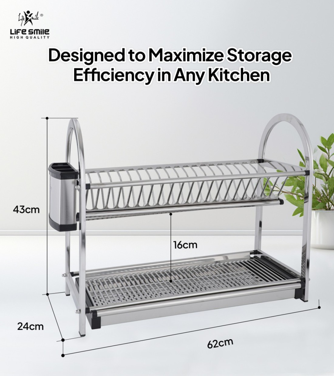 LIFE SMILE Dish Rack - 2 Tier Countertop Dish Drying Stand With Removable Drip Tray - 18/10 Stainless Steel with Removable Utensil Holder - Anti Slip and Rust Proof Dish Drainer