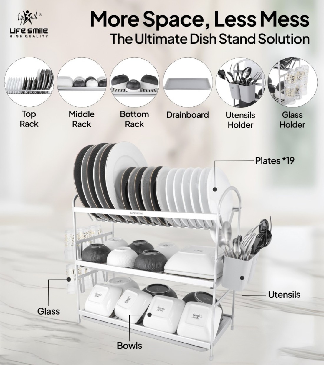 LIFE SMILE Dish Rack - 3 Tier Countertop Dish Drying Stand With Removable Drip Tray - Pure Aluminum with Cutlery Holder and Cups Holder - Anti Slip and Rust Proof Dish Drainer