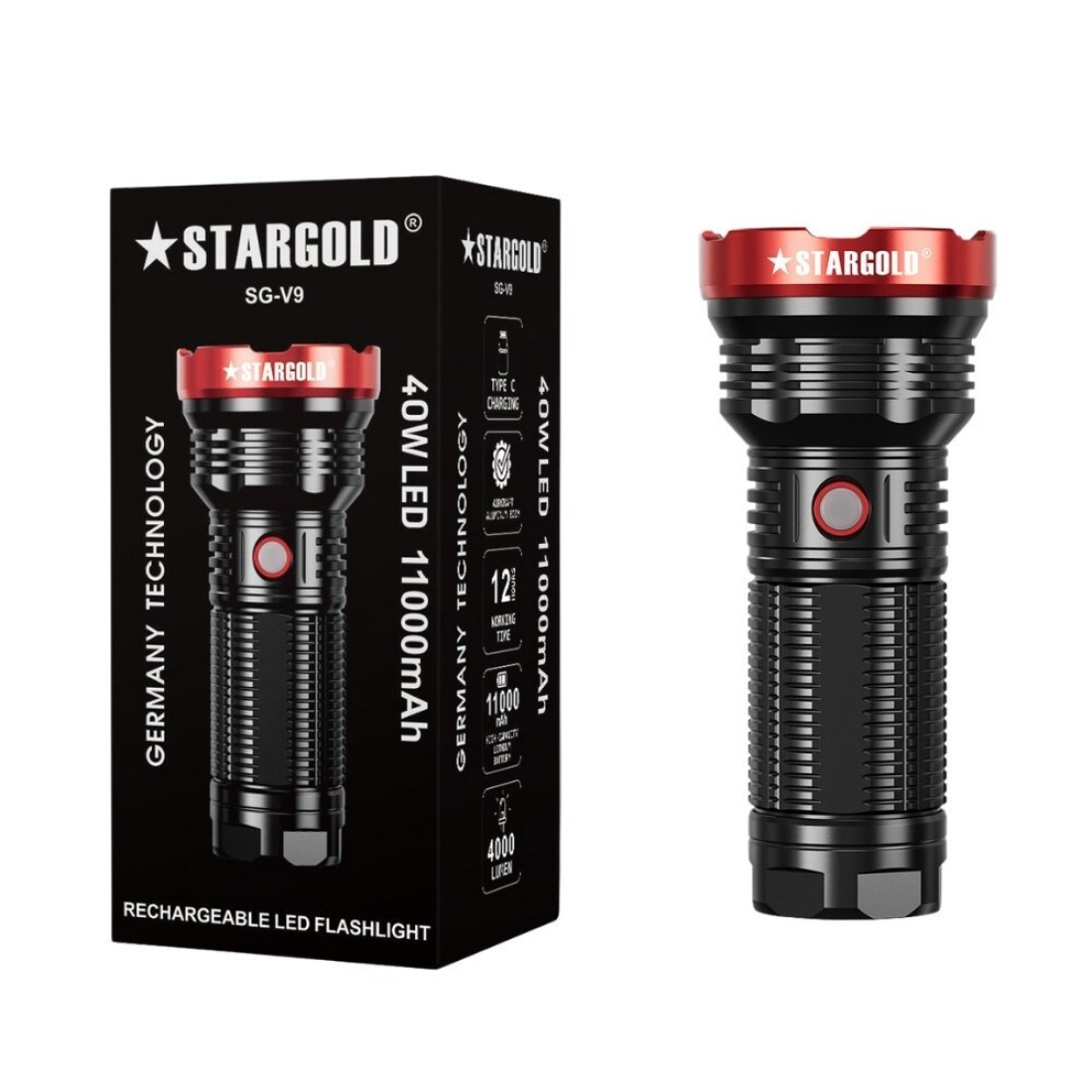 Rechargeable LED Flashlight With Power Bank Germany Technology 40W LED 11000mAh LED Light