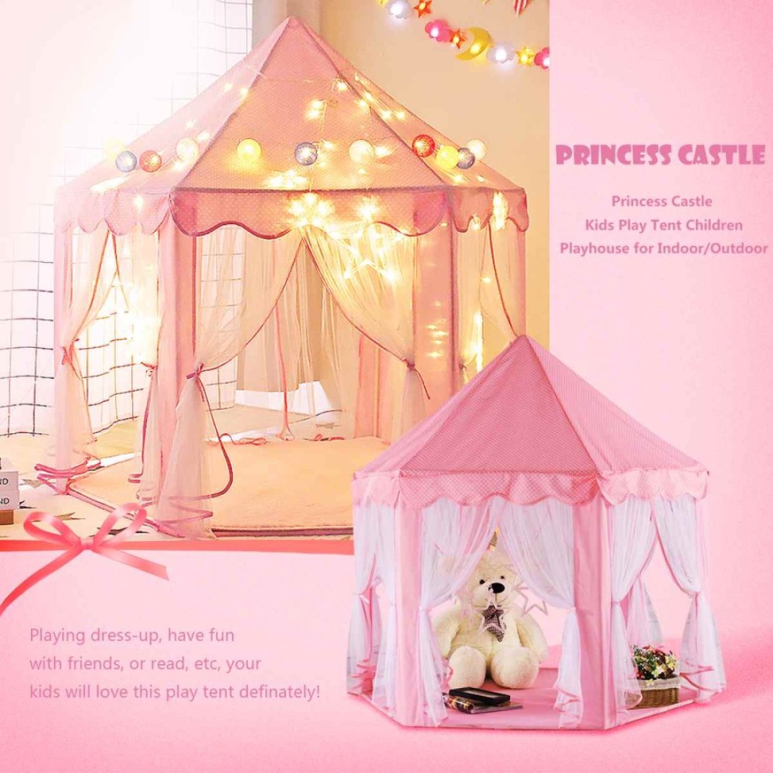 Portable Kids Toy Tipi Tent With Star Light Girl Castle Play House
