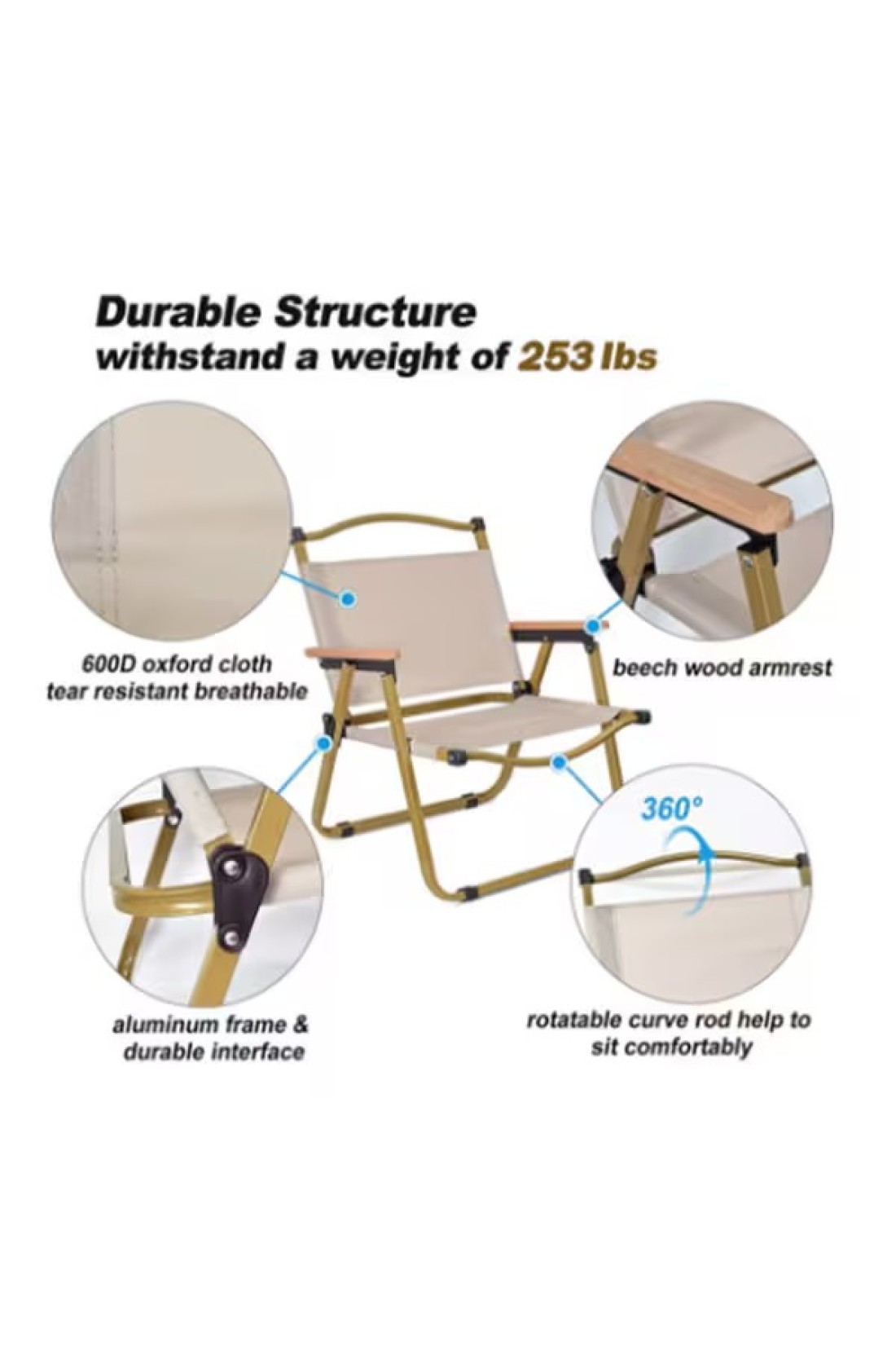 Dessini Portable Folding Camping Chair Lightweight Durable Picnic Fishing Chair beige/gold