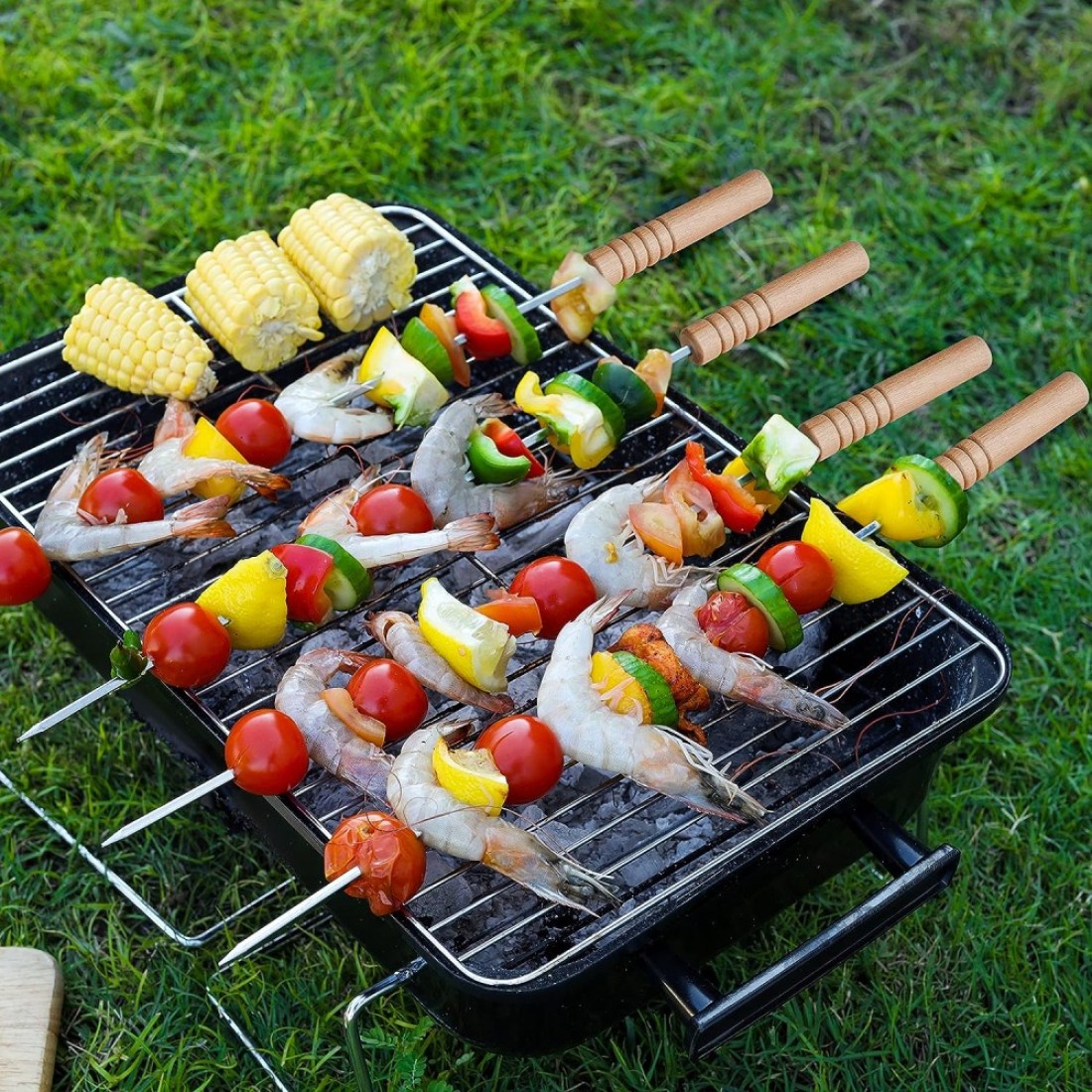 Royalford Bbq Square Skewers Set- Rf11679 Pack Of Six Stainless Steel With Wooden Handle, Perfect For Indoor, Camping, Hiking