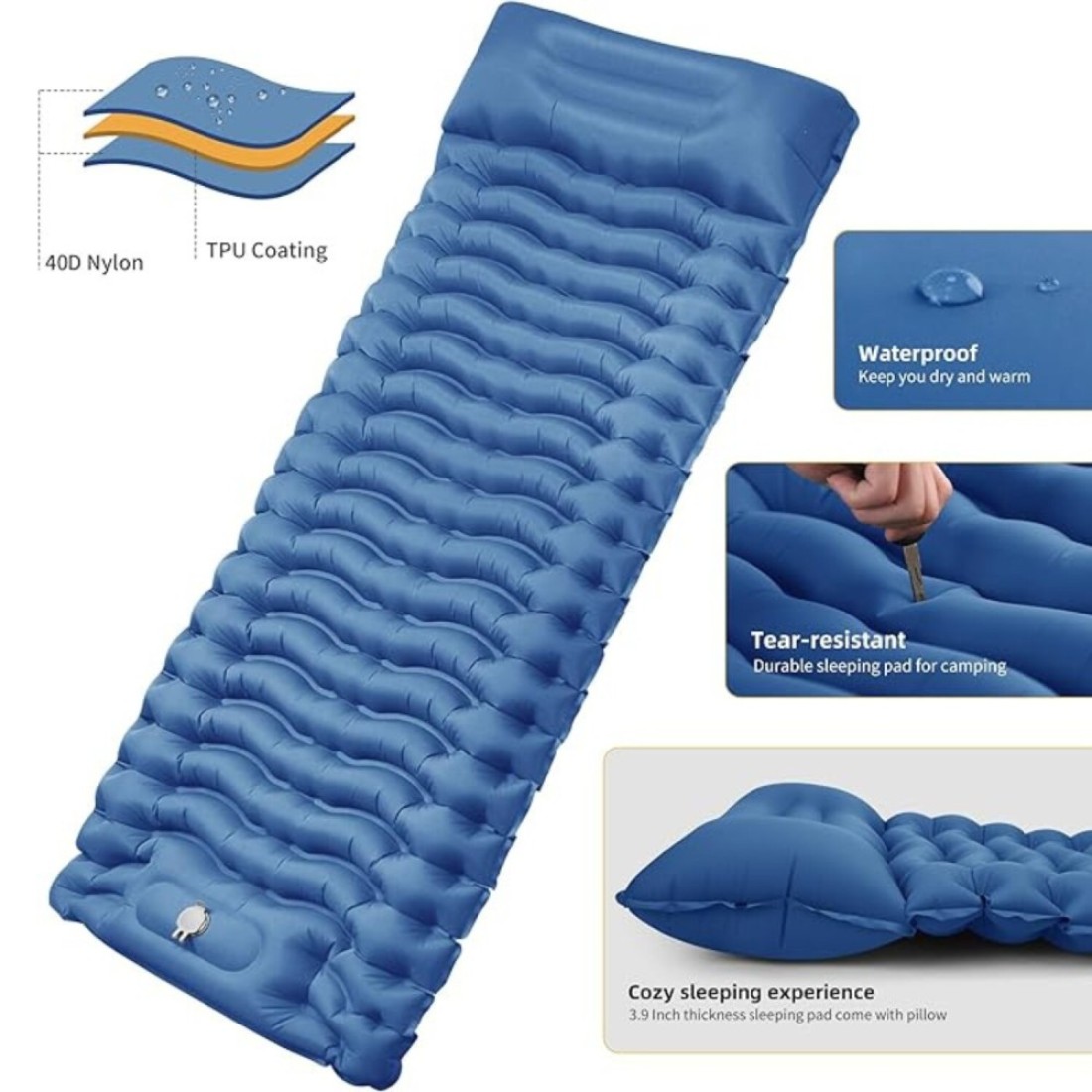 HEXAR&reg; Self Inflating Sleeping Pad with Foot Pump 190X64 Built-in Pump Foldable Sleeping Mat with Pillow for Camping Hiking Durable Inflatable Air Mattress - Carry Bag, Repair Patches (Navy Blue)