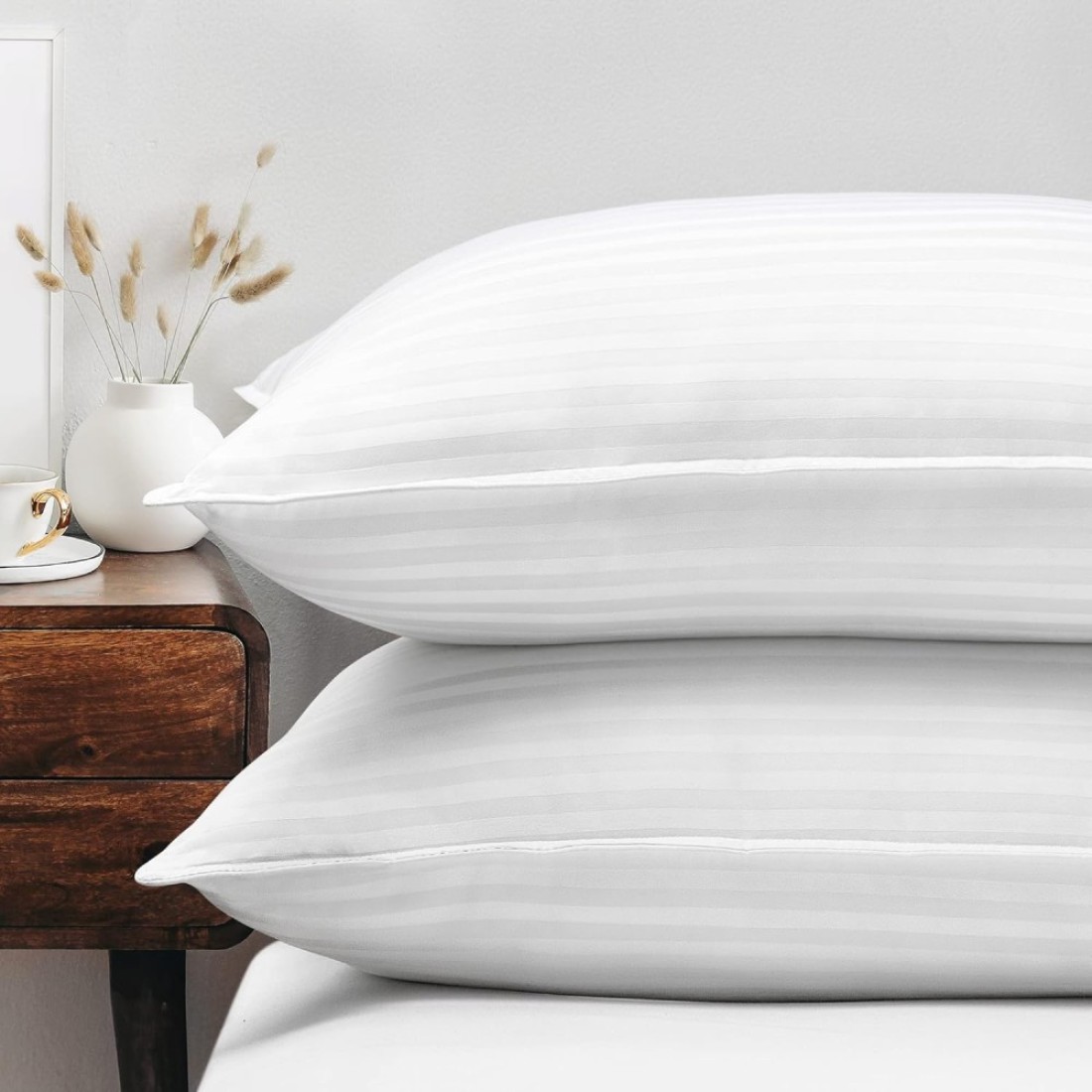 Comfy Set of 2 Hotel Quality Stripe Pillow - White