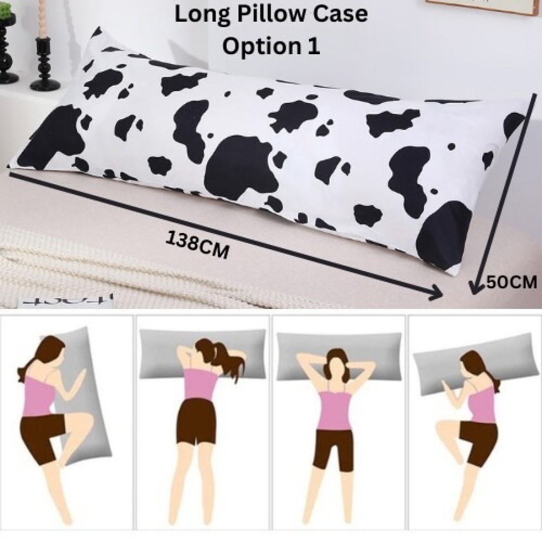 LUNA HOME 1 Piece Long Body Pillow Case, Cow Moo Moo Design. Black and White.