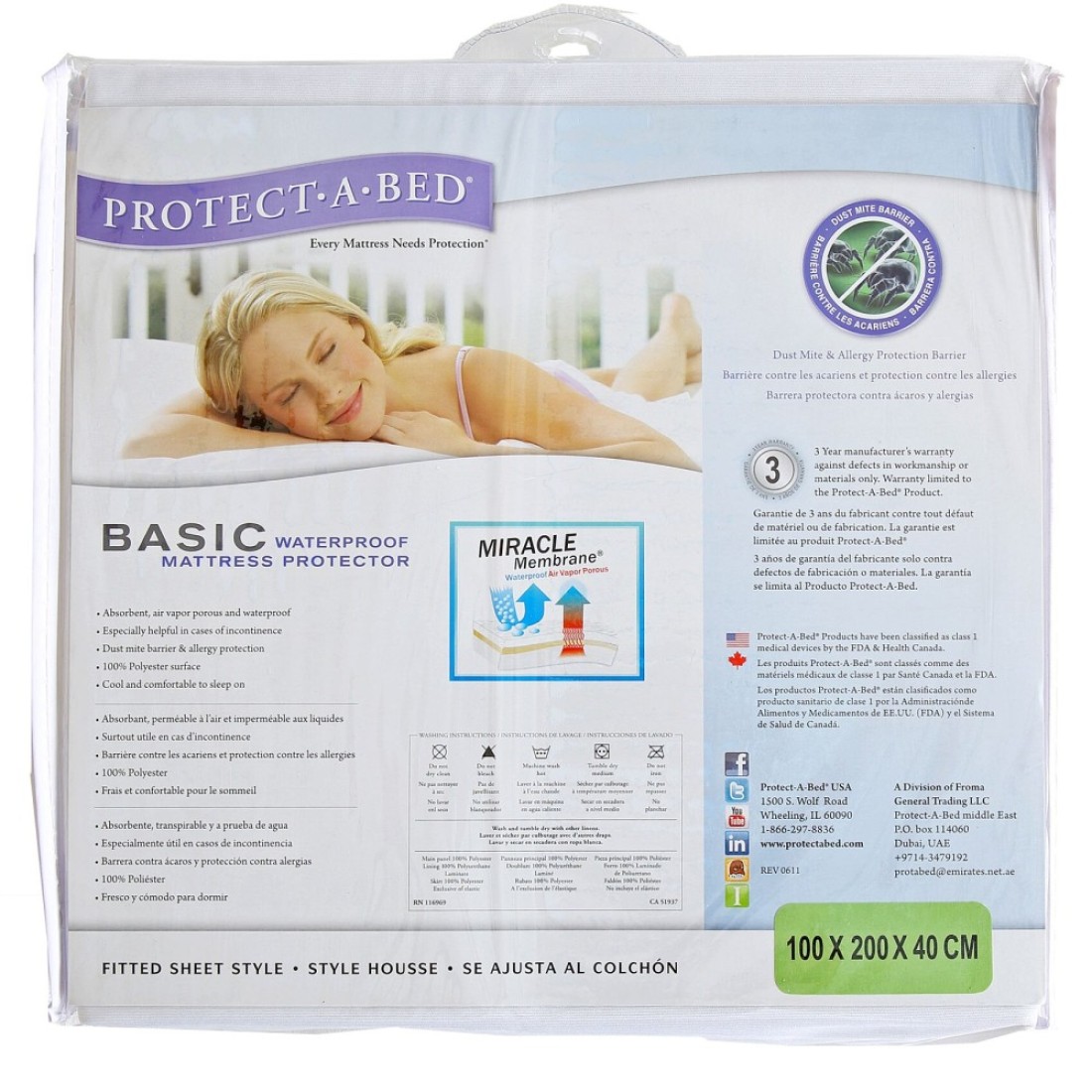 Protect-A-Bed Basic Waterproof Mattress Protector White 100x200x40cm
