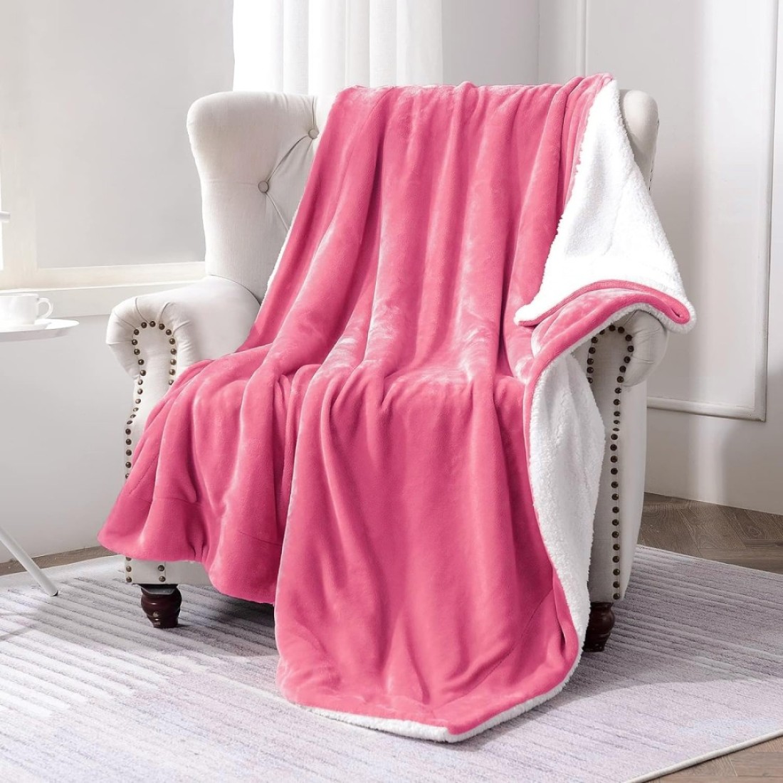 Fabienne Soft Sheep Reversible Sherpa Blanket King Size for Bed Throw Sofa Travel Flannel Blanket Pink 220x240cm
