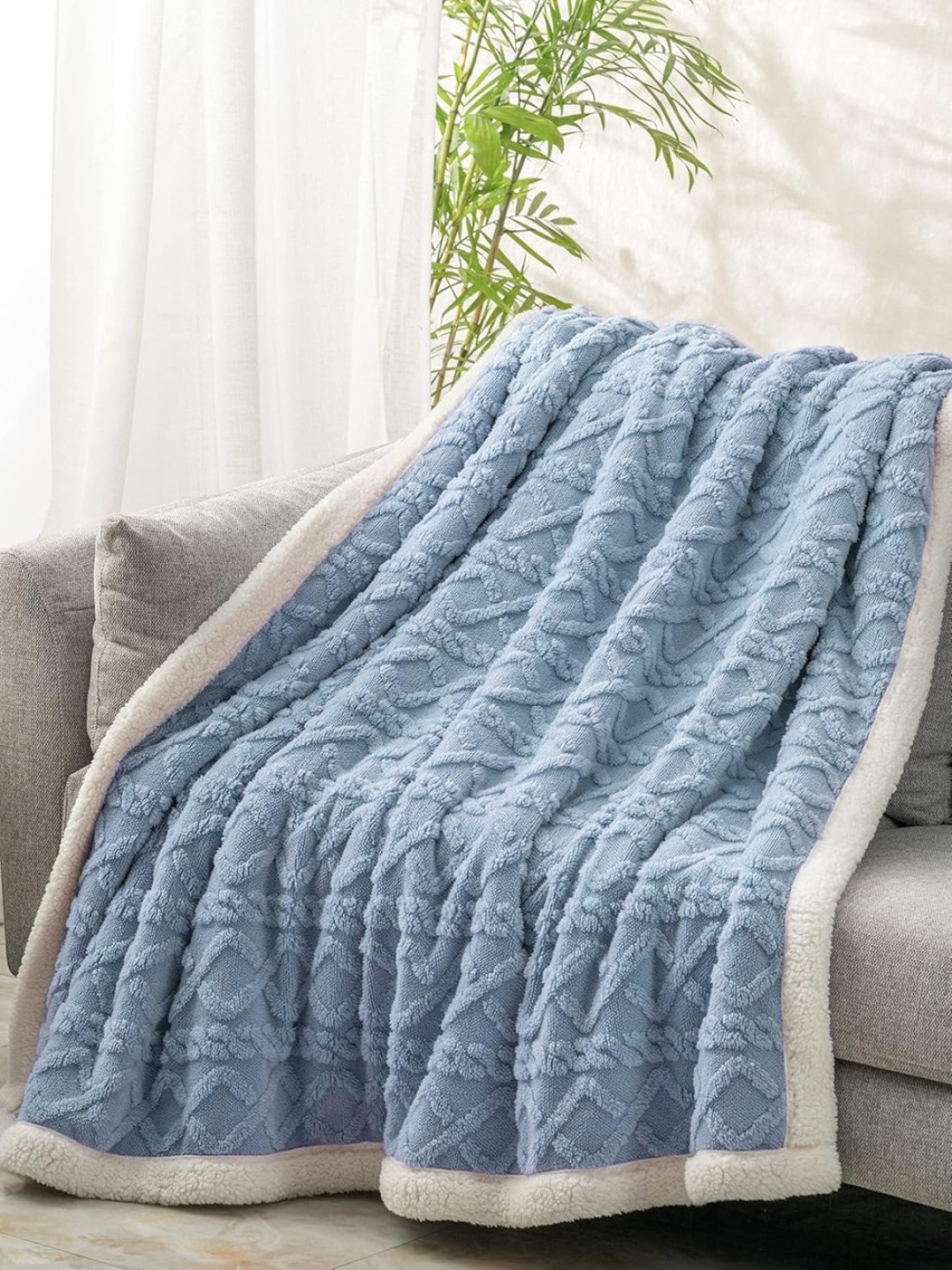 Fabienne Jacquard Sherpa Blanket Single Size 160x220cm Faux Fur Bed Blanket Reversible Warm Cashmere Blanket Blue Grey for Throw Bed Sofa Travel Couch