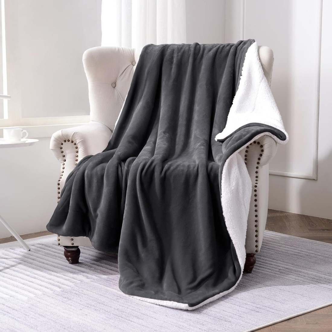 Fabienne Sherpa Blanket Single Size Dark Grey 160x220cm Twin Plush Throw Blanket Reversible Flannel Fleece Lamb Blanket Warm and Plush Travel Blanket