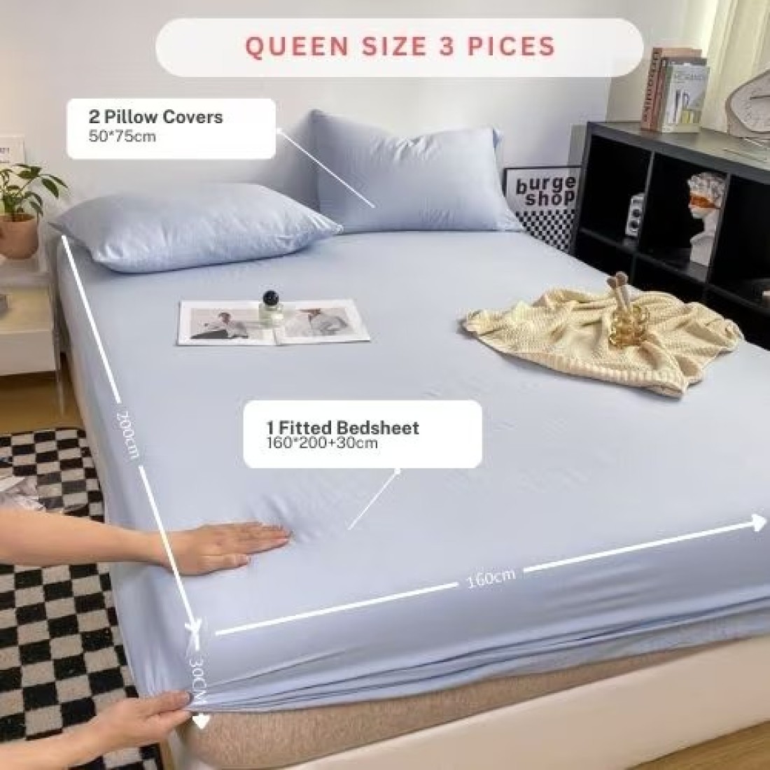 LUNAHOME-3 Pieces Fitted Bedsheet Set, Washable Cotton, Light Blue Color, Queen Size.