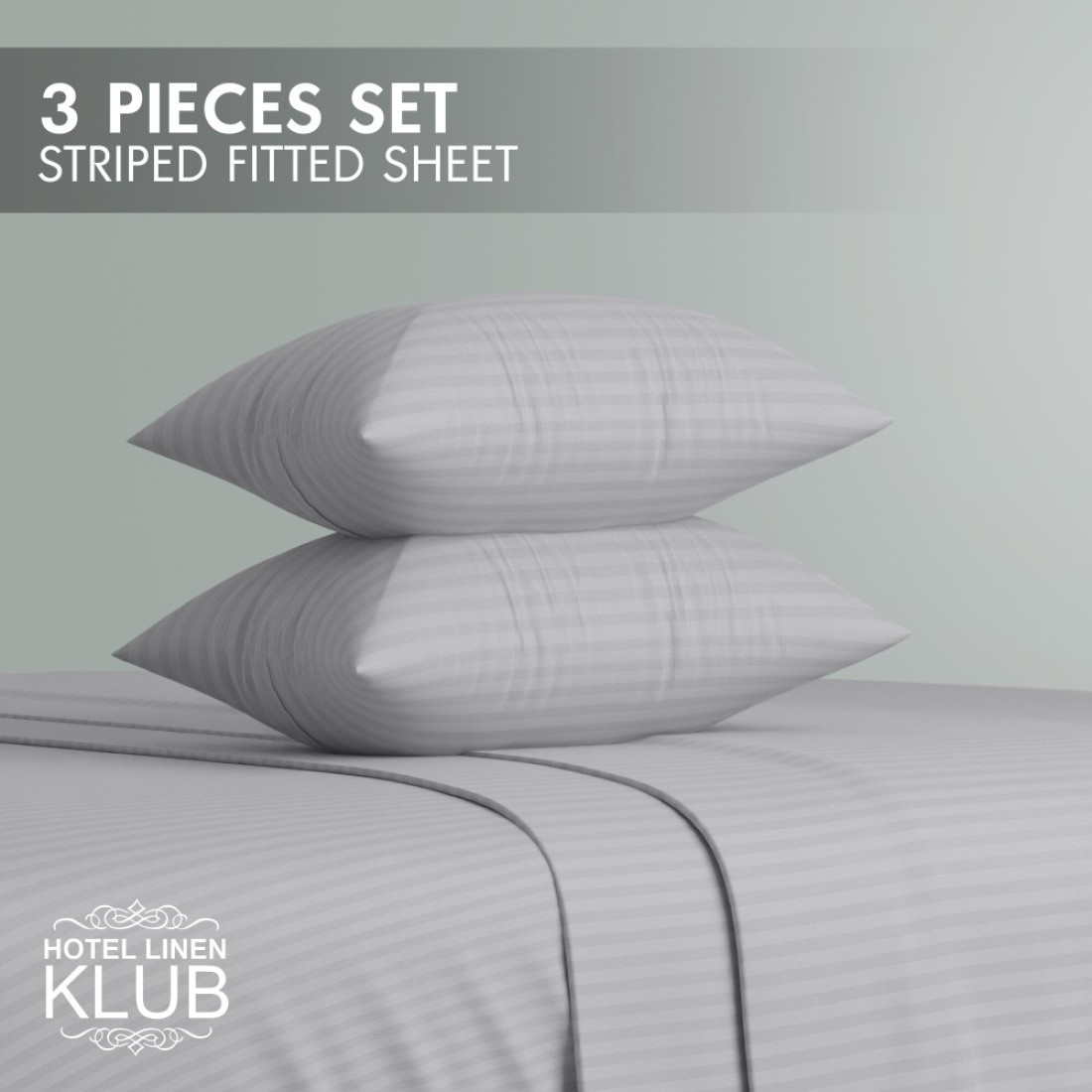 Klub Linen 3PC Striped Fitted Sheet Set, Ultra Soft Microfiber Bedding Set - 1 Fitted Sheet Queen (150x200cm) with Deep Pocket and 2 Pillowcases (50 x 75 cm), Light Grey