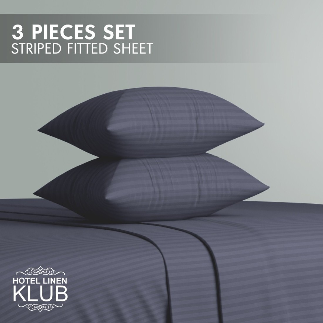 Klub Linen 3PC Striped Fitted Sheet Set, Ultra Soft Microfiber Bedding Set - 1 Fitted Sheet Single (90x190cm) with Deep Pocket and 2 Pillowcases (50 x 75 cm), Dark Grey