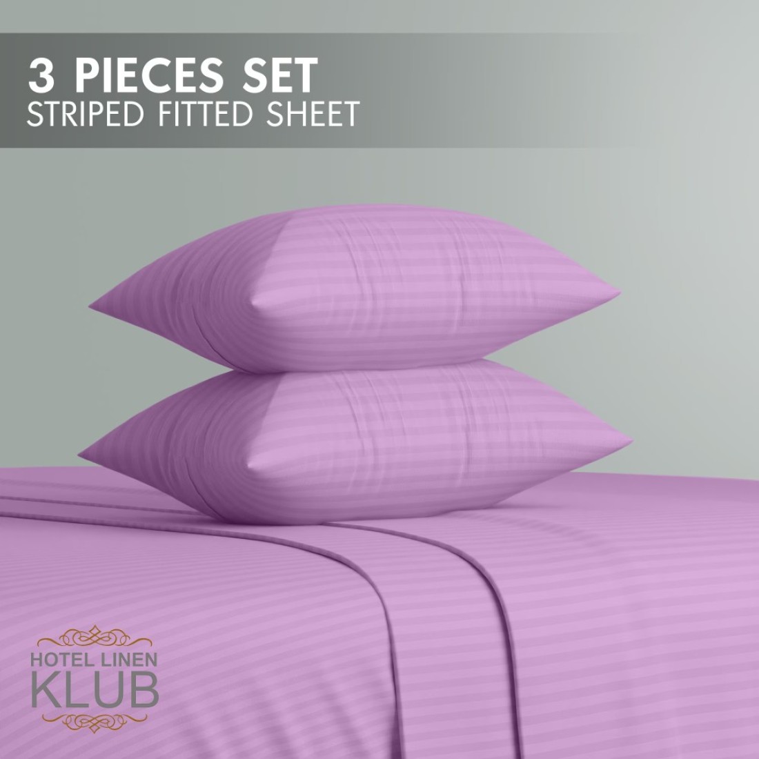 Klub Linen 3PC Striped Fitted Sheet Set, Ultra Soft Microfiber Bedding Set - 1 Fitted Sheet King (180x200cm) with Deep Pocket and 2 Pillowcases (50 x 75 cm), LILAC