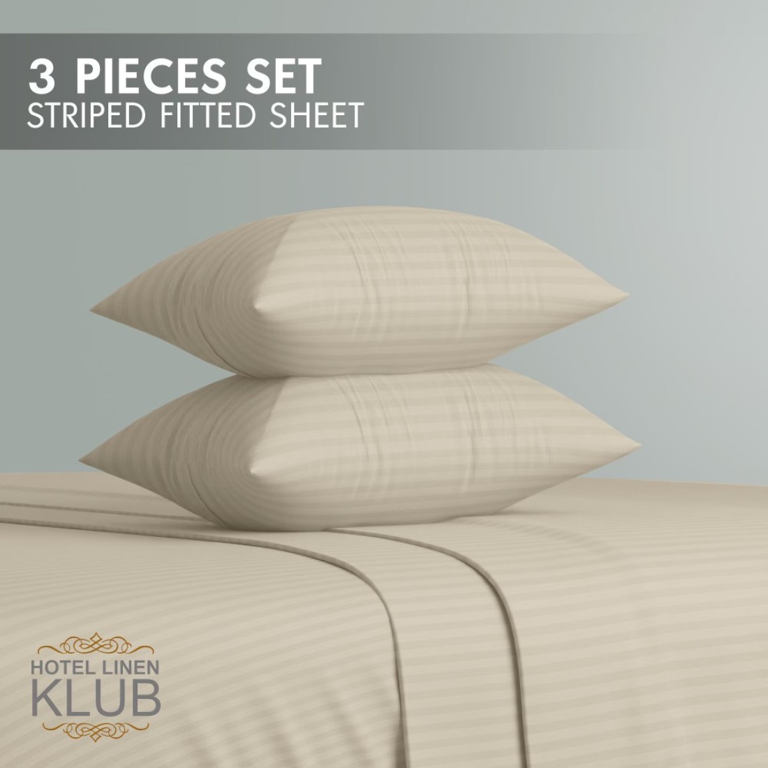 Klub Linen 3PC Striped Fitted Sheet Set, Ultra Soft Microfiber Bedding Set - 1 Fitted Sheet Single (90x190cm) with Deep Pocket and 2 Pillowcases (50 x 75 cm), Beige