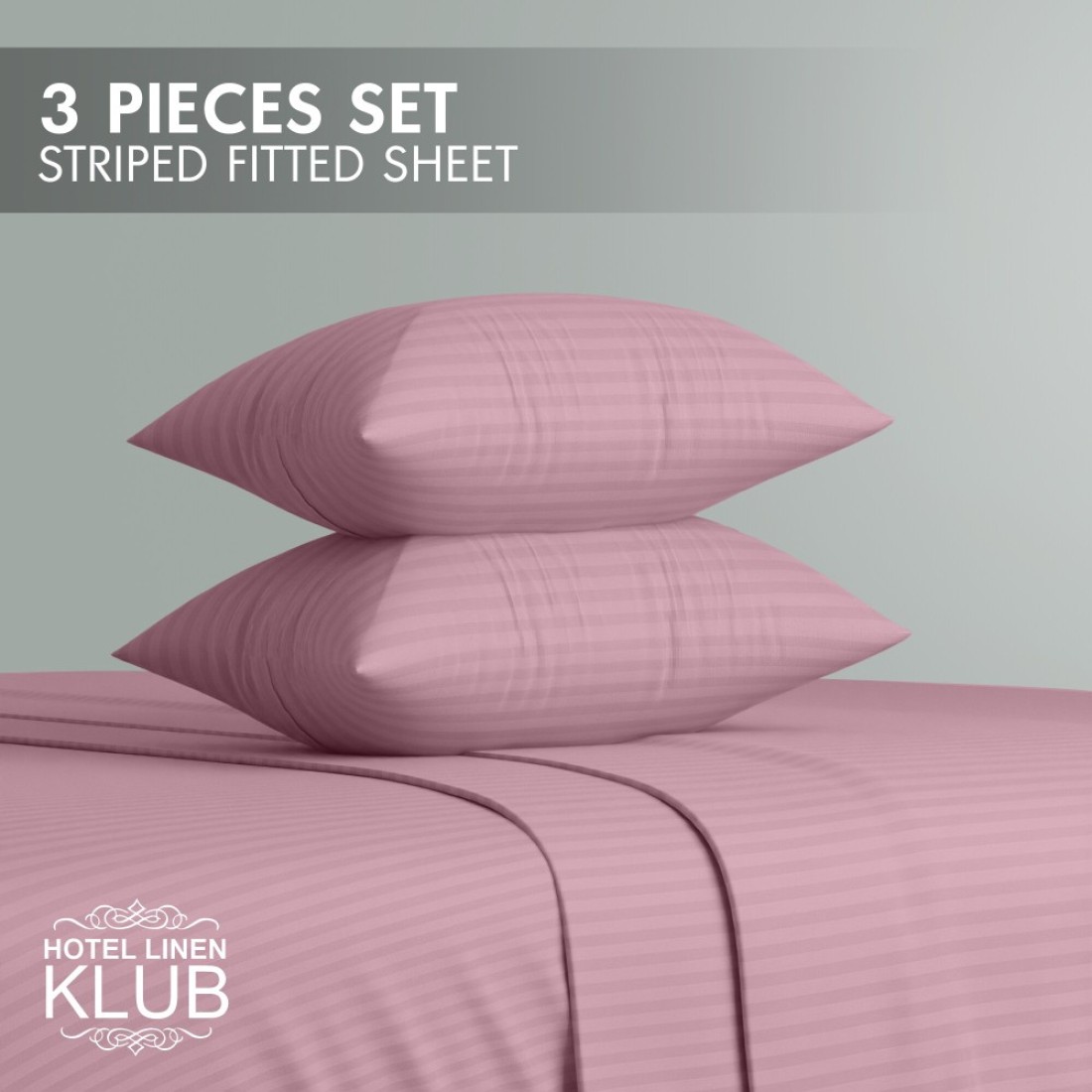 Klub Linen 3PC Striped Fitted Sheet Set, Ultra Soft Microfiber Bedding Set - 1 Fitted Sheet King (180x200cm) with Deep Pocket and 2 Pillowcases (50 x 75 cm), Baby Pink