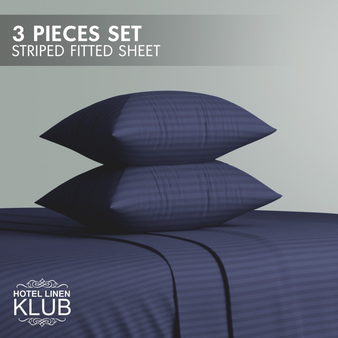 Klub Linen 3PC Striped Fitted Sheet Set, Ultra Soft Microfiber Bedding Set - 1 Fitted Sheet Queen (150x200cm) with Deep Pocket and 2 Pillowcases (50 x 75 cm), Navy