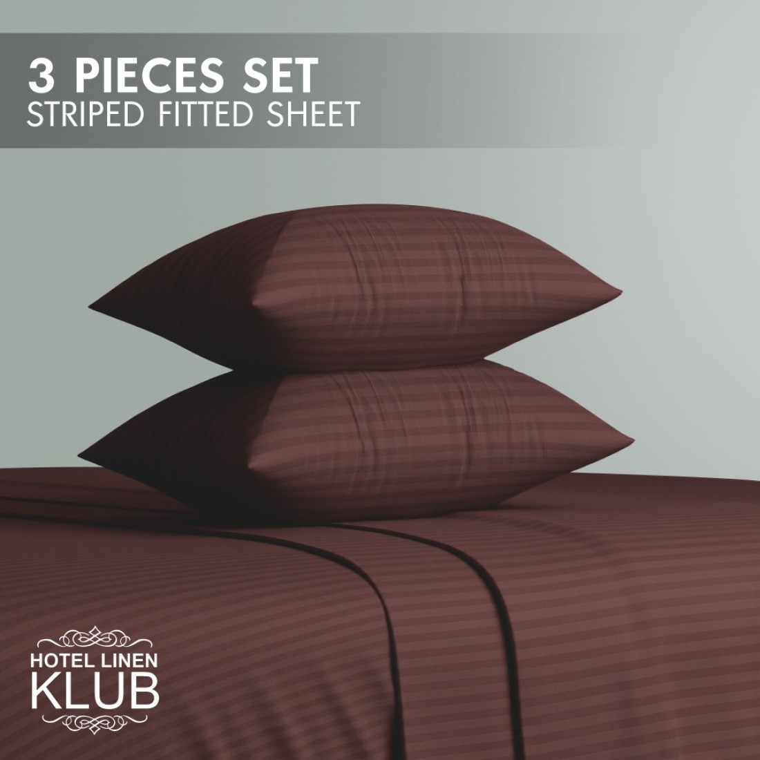 Klub Linen 3PC Striped Fitted Sheet Set, Ultra Soft Microfiber Bedding Set - 1 Fitted Sheet King (180x200cm) with Deep Pocket and 2 Pillowcases (50 x 75 cm), Chocolate