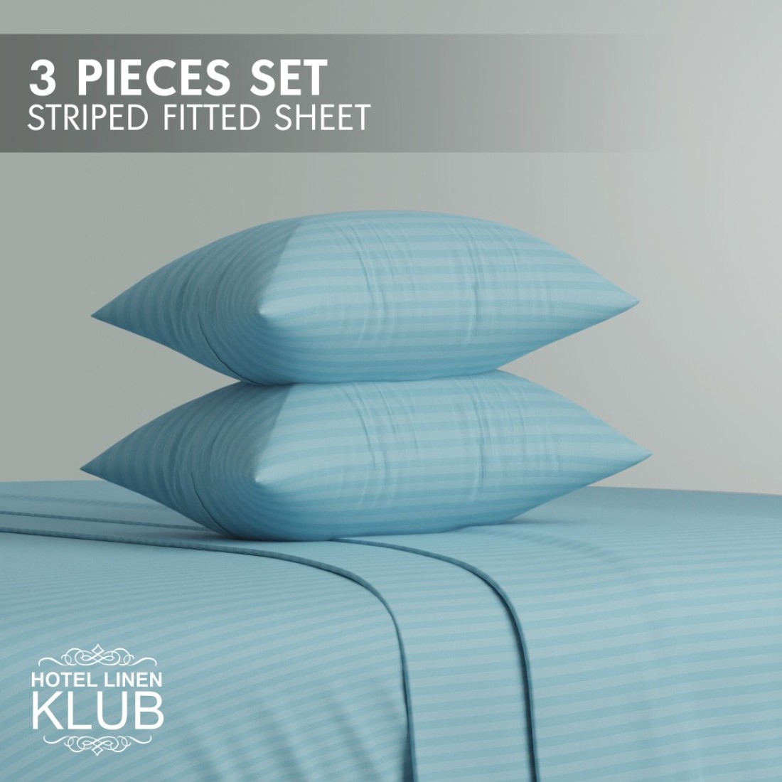 Klub Linen 3PC Striped Fitted Sheet Set, Ultra Soft Microfiber Bedding Set - 1 Fitted Sheet Single (90x190cm) with Deep Pocket and 2 Pillowcases (50 x 75 cm), Aqua