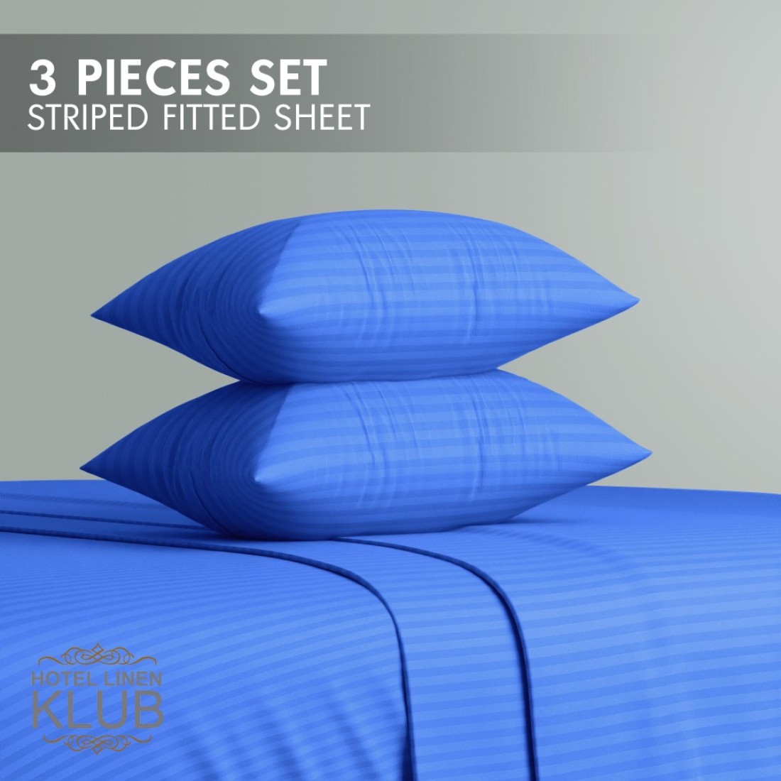 Klub Linen 3PC Striped Fitted Sheet Set, Ultra Soft Microfiber Bedding Set - 1 Fitted Sheet Single (90x190cm) with Deep Pocket and 2 Pillowcases (50 x 75 cm), Royal Blue