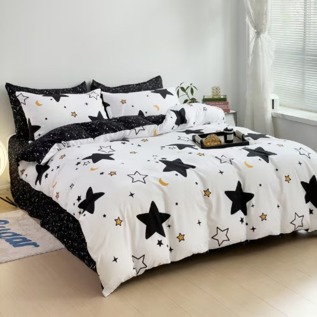 Single Size 4 Pieces Set, Reversible Duvet Cover Set, Blue Stars Design With Navy Blue Bedsheet Color