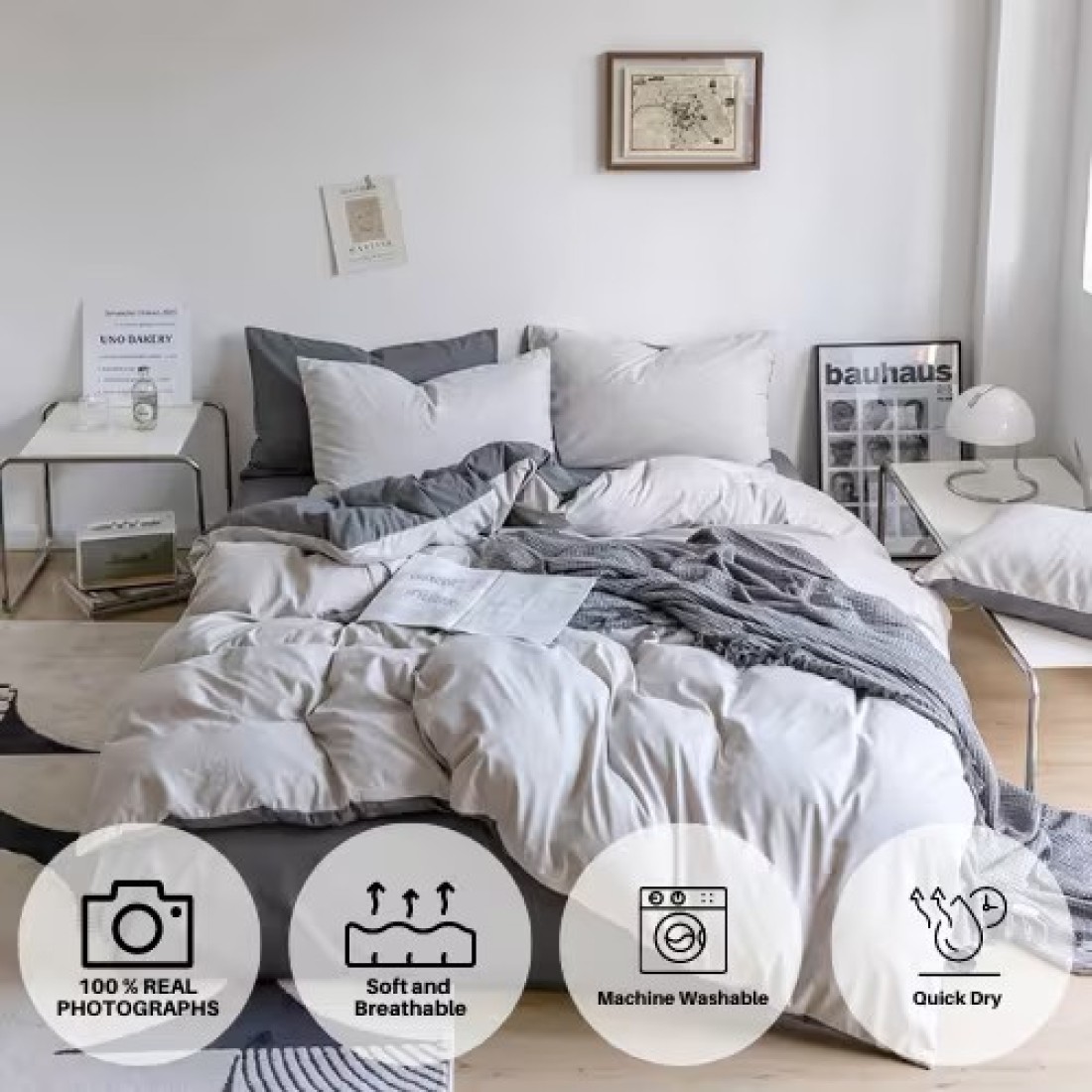 LUNA HOME Premium Korean Single size 4 Pieces Constructor Design with 2 Attractive Pillow Covers, Plain Dark Grey Bedsheet and Plain Grey Duvet Cover without filler.