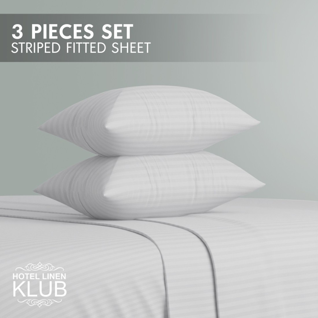 Klub Linen 3PC Striped Fitted Sheet Set, Ultra Soft Microfiber Bedding Set - 1 Fitted Sheet Single (90x190cm) with Deep Pocket and 2 Pillowcases (50 x 75 cm), White