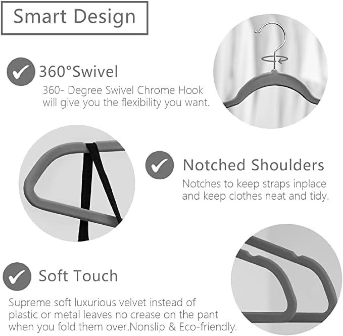 Velvet non-slip Suit Clothes Hangers,360&deg; rotating hook (50pc, Grey)