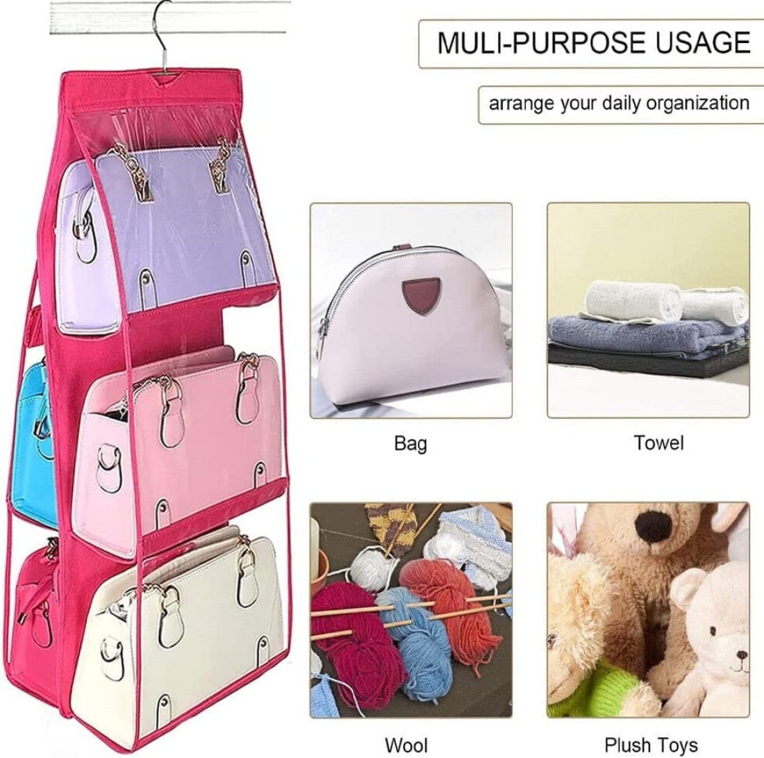 Blooming Time 6 Pockets Hanging Purse Handbag Organizer Clear Hanging Shelf Bag Collection Storage Holder Purse Bag Wardrobe Closet