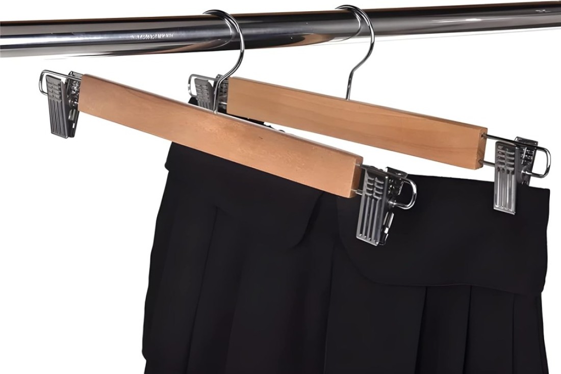 LAVISH Pants Hangers with 360&deg; Swivel Hook &ndash; 4 Pack Wooden Clothes Hangers with Metal Bar &amp; Adjustable Clips &ndash; Durable Natural Finish for Trousers, Skirts &amp; Jeans