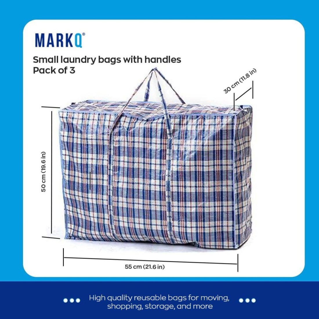 Laundry bags with Zip &amp; Handle, 3 Pack Heavy Duty Reusable Storage Bag for Clothes Moving House Grocery Shopping Bag (Small - 55 x 50 x 30 cm)