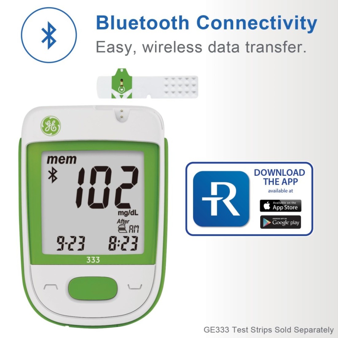 GE333 Blood Glucose Monitoring System Glucometer Auto Coding 5Second Results Bluetooth Rightest Care App Connection EasytoRead Display