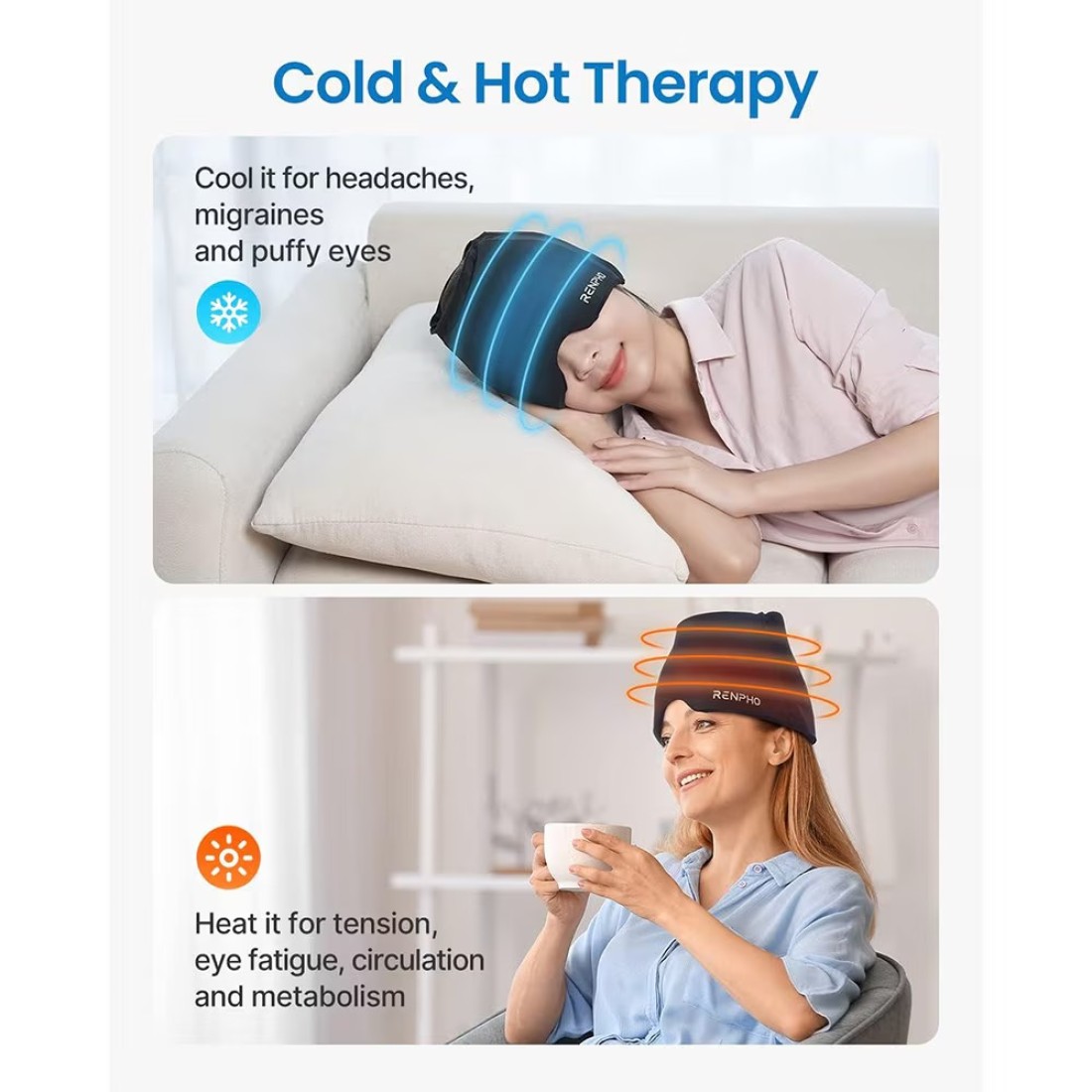 Ice Head Wrap, Renpho Headache Relief Hat for Migraine, Migraine Cap with Hot or Cold Therapy, Ice Pack Heating & Cooling Eye Mask with Gel, Cold/Hot Compress for Puffy Eye, Tension, Sinus, Stress