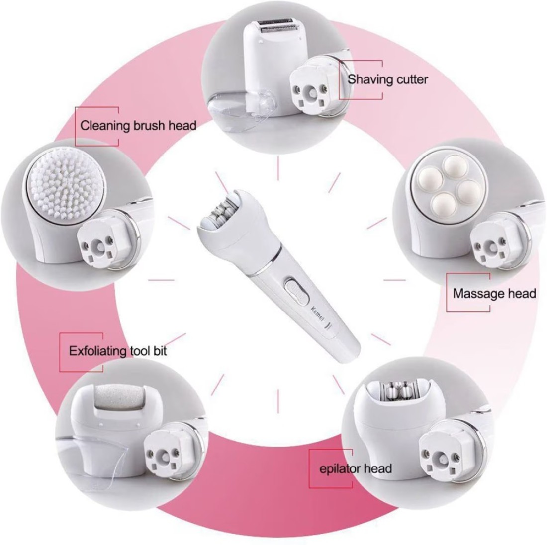 Generic Kemei 5 In 1 Beauty Tool Kit, Facial Cleansing Brush Body Epilator Lady Shaver Face Massager Foot Dead Skin Callus Remover