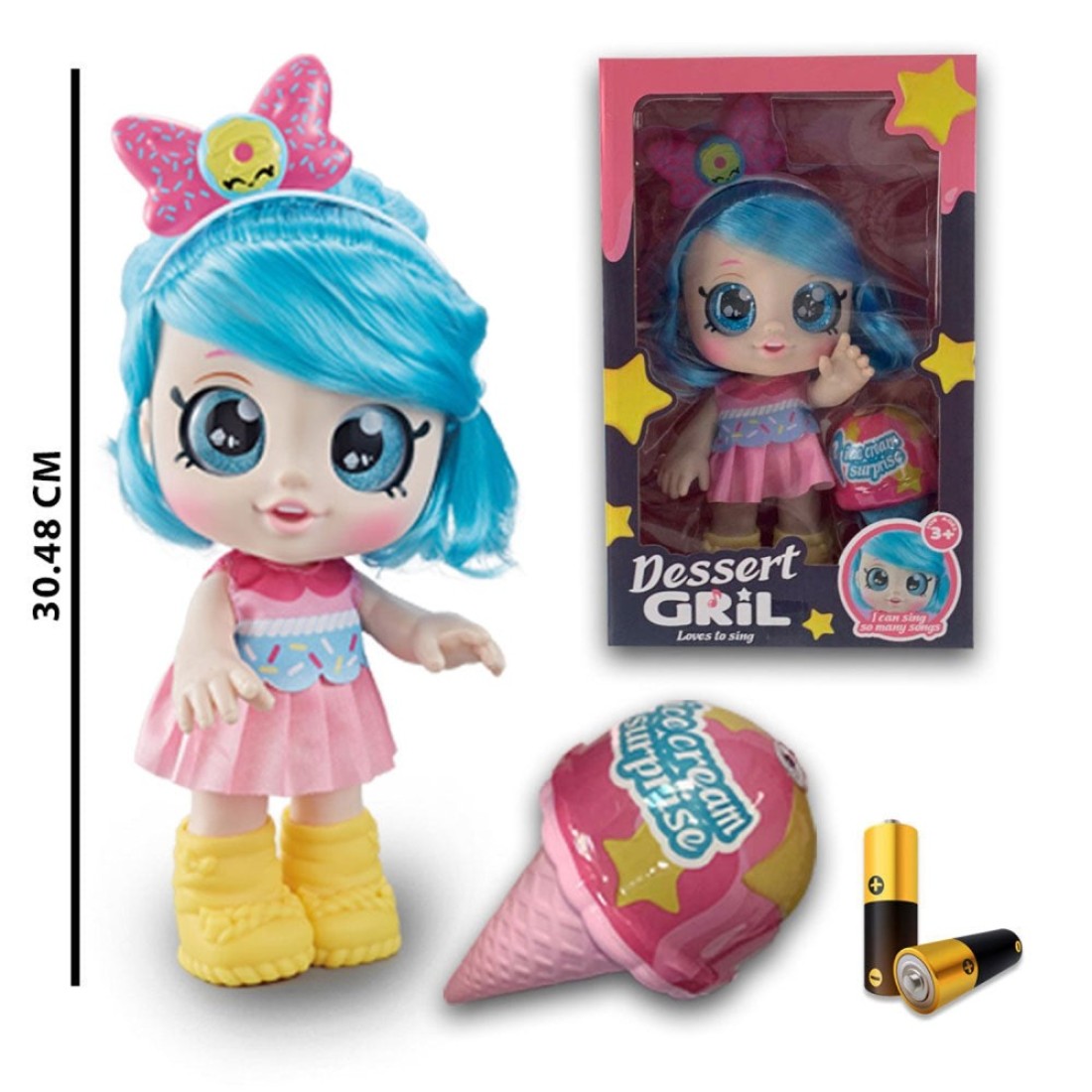 Fitto pretty stylish modern American girl doll with yellow boots, large blue eyes, blue hair with a battery, a singing doll toy with ice cream blind box surprise 12-inch toy for girls