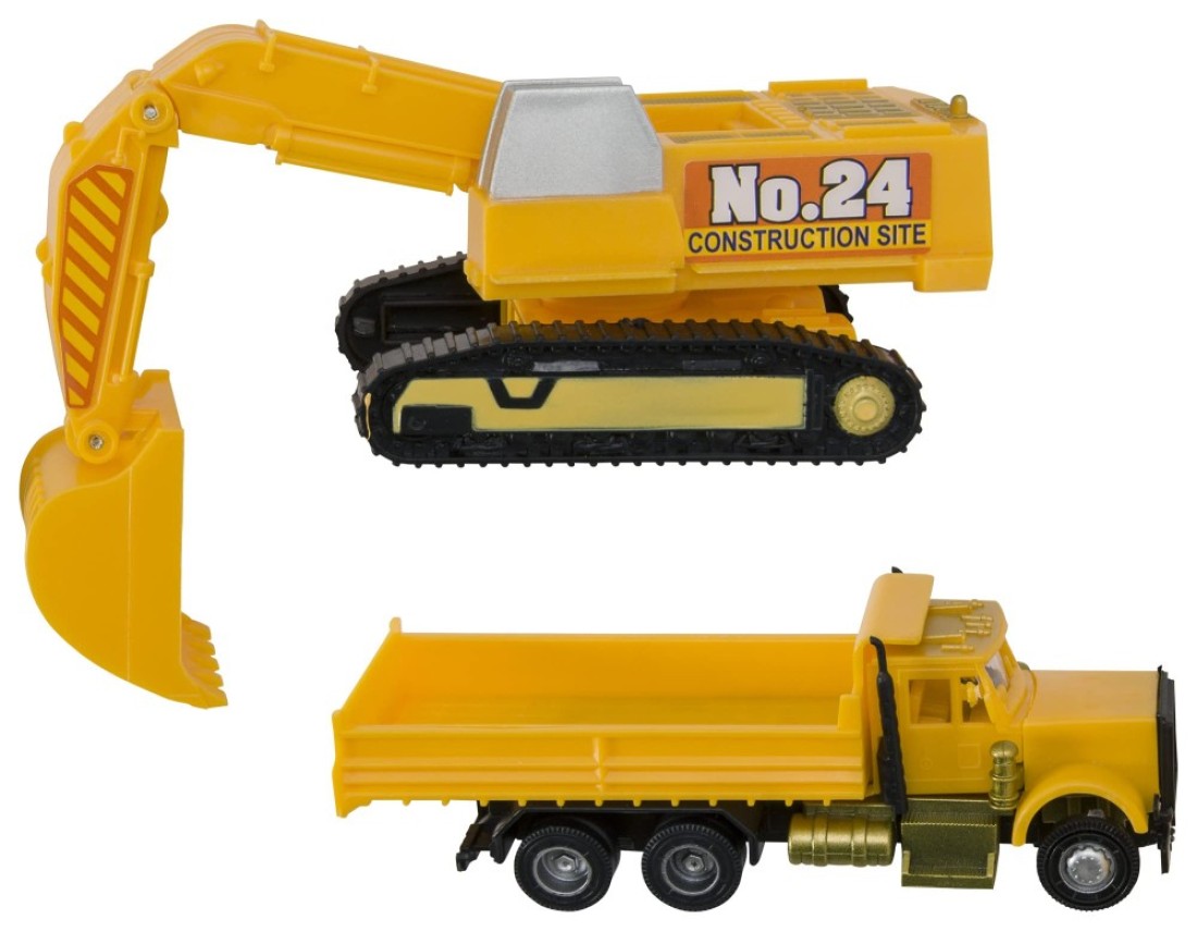 DecoPac Construction Dig Cake Decoration 2 Piece Cake Topper Set with Dump Truck and Moveable Excavator Food Safe Ready to Use For Birthday Themed Parties Celebration Yellow 11826