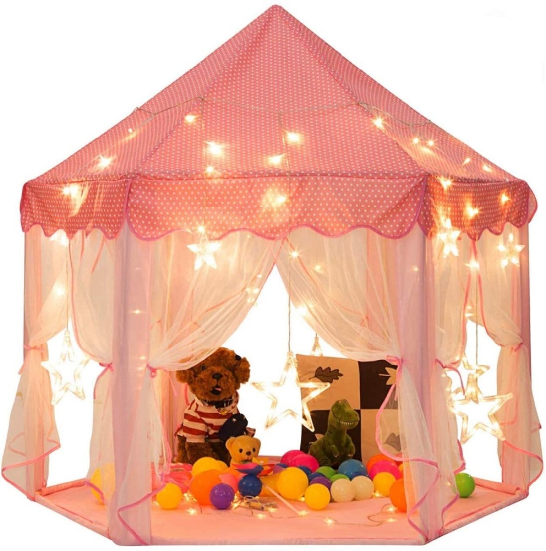 Mumoo Bear Princess Castle Tent For Girls Fairy Play Tents For Kids Hexagon Playhouse For Children Or Toddlers Indoor Or Outdoor Games (Pink)