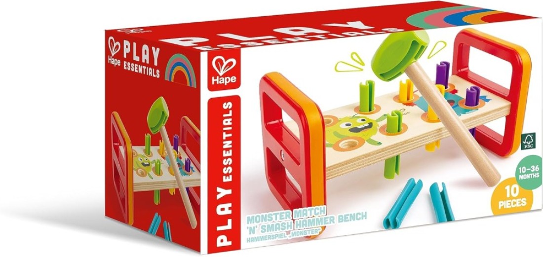 Hape Monster Match &#39;N&#39; Smash Hammer Bench 10pcs, Colour Matching Hammer Bench, Color &amp; Number Recognition, Educational Wooden Toy, Multicolour, Toys For 1 year &amp; Up