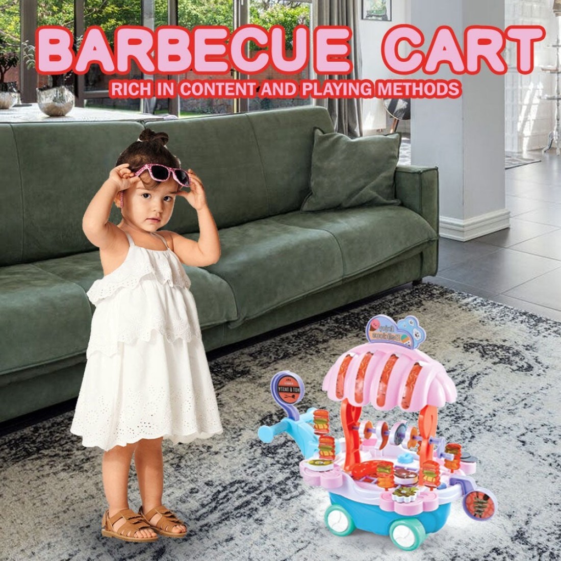 Kidwala Bbq Music Trolley With Rotating Wheels Red Base &amp; Blue Umbrella Roof Truck, Pretend Play Educational Food Truck With Music &amp; Lighting Toy For Boys &amp; Girls