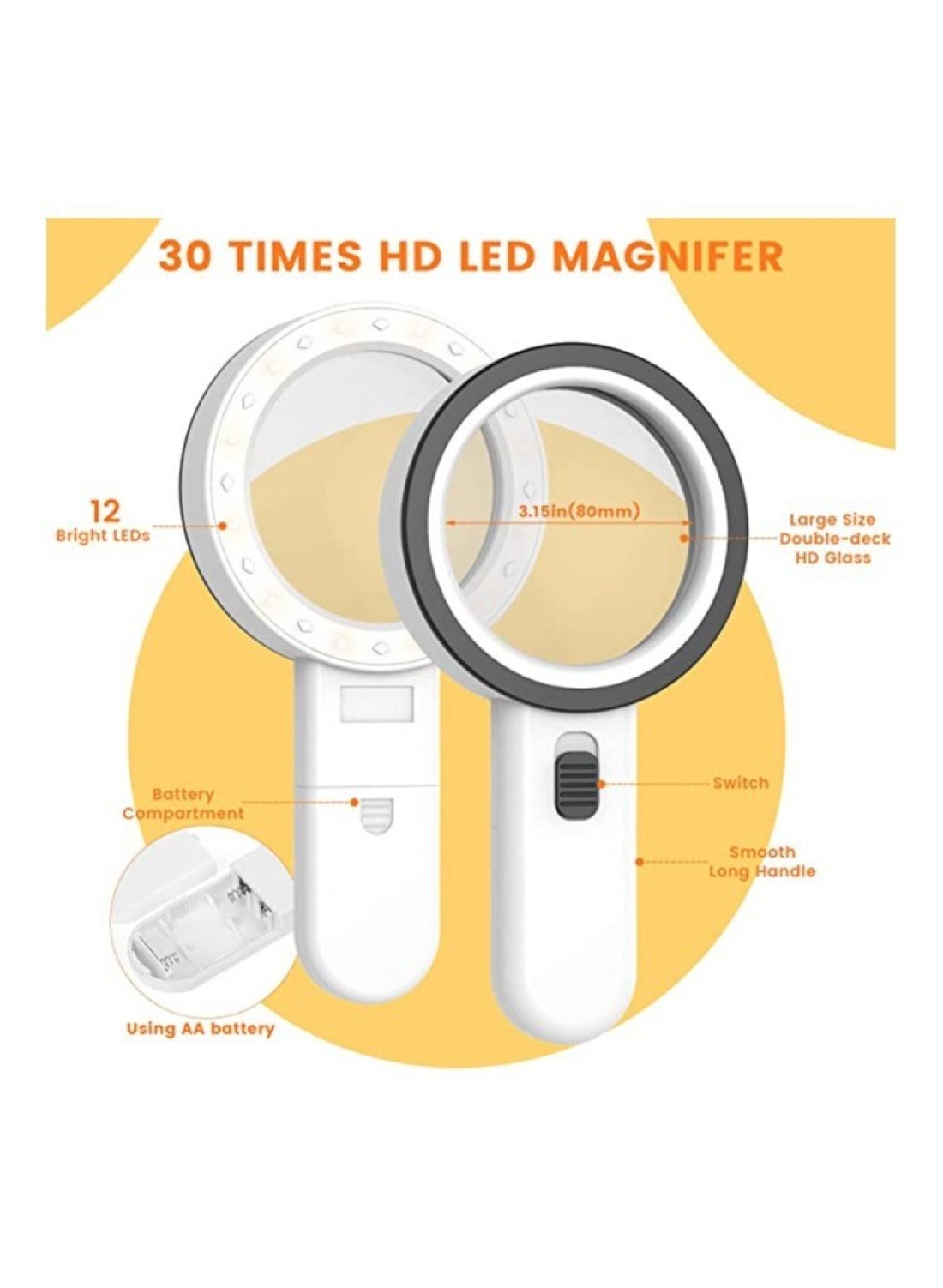 عدسة مكبرة 30X مع مصابيح LED - عدسة مكبرة محمولة عالية الطاقة للقراءة والحرف اليدوية والصيانة - صناعة ألمانية وعدسة عالية الدقة