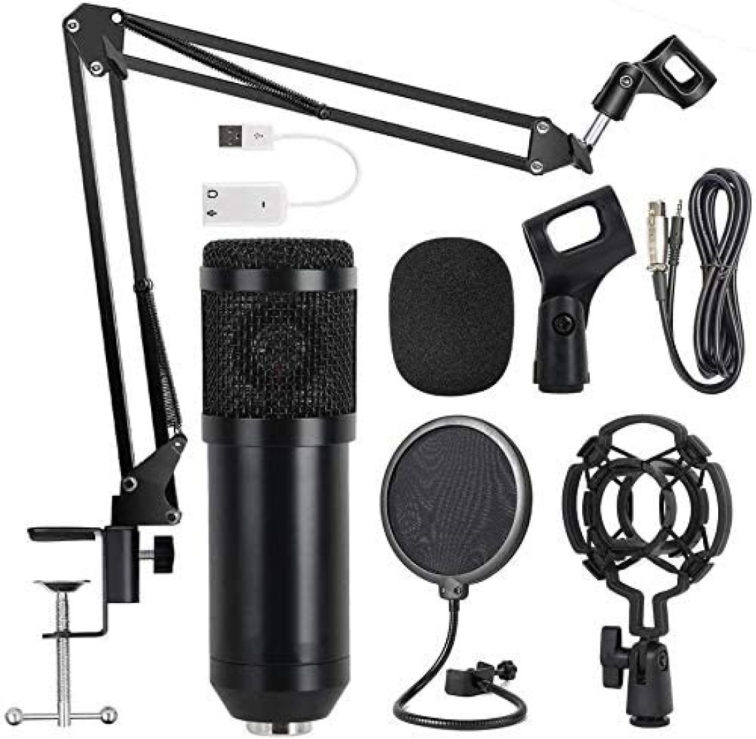 Mike Music Multifunctional Live Sound Card &amp; Bm800 Suspension Microphone Kit Broadcasting Condenser Microphone Set With Blutooth (Sound Card Full Set, Black)