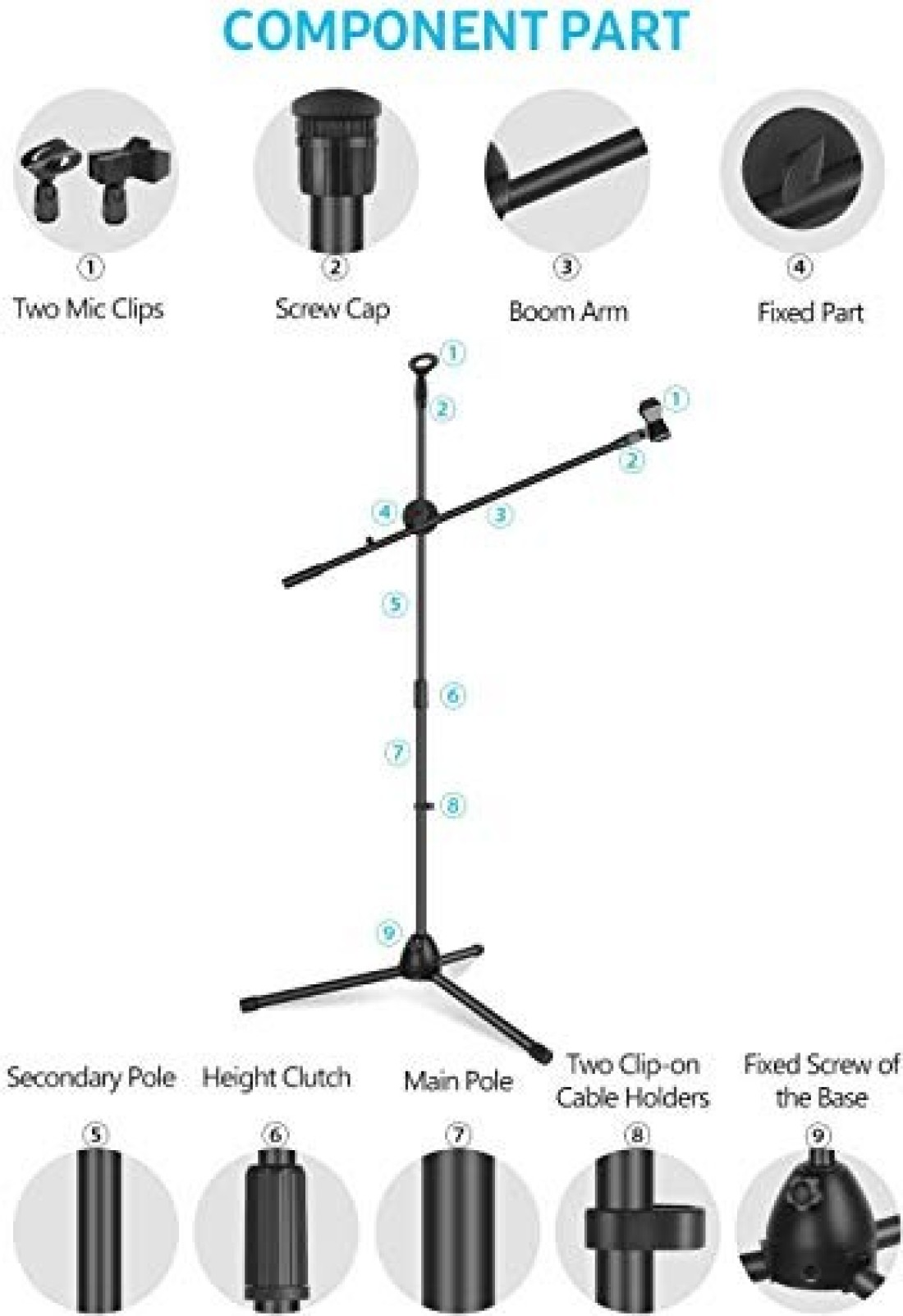 Mike Music Microphone Stand, Upgraded Mic Stand With Dual Mic Clip Holders Adjustable Collapsible Tripod Boom Stands (M2)
