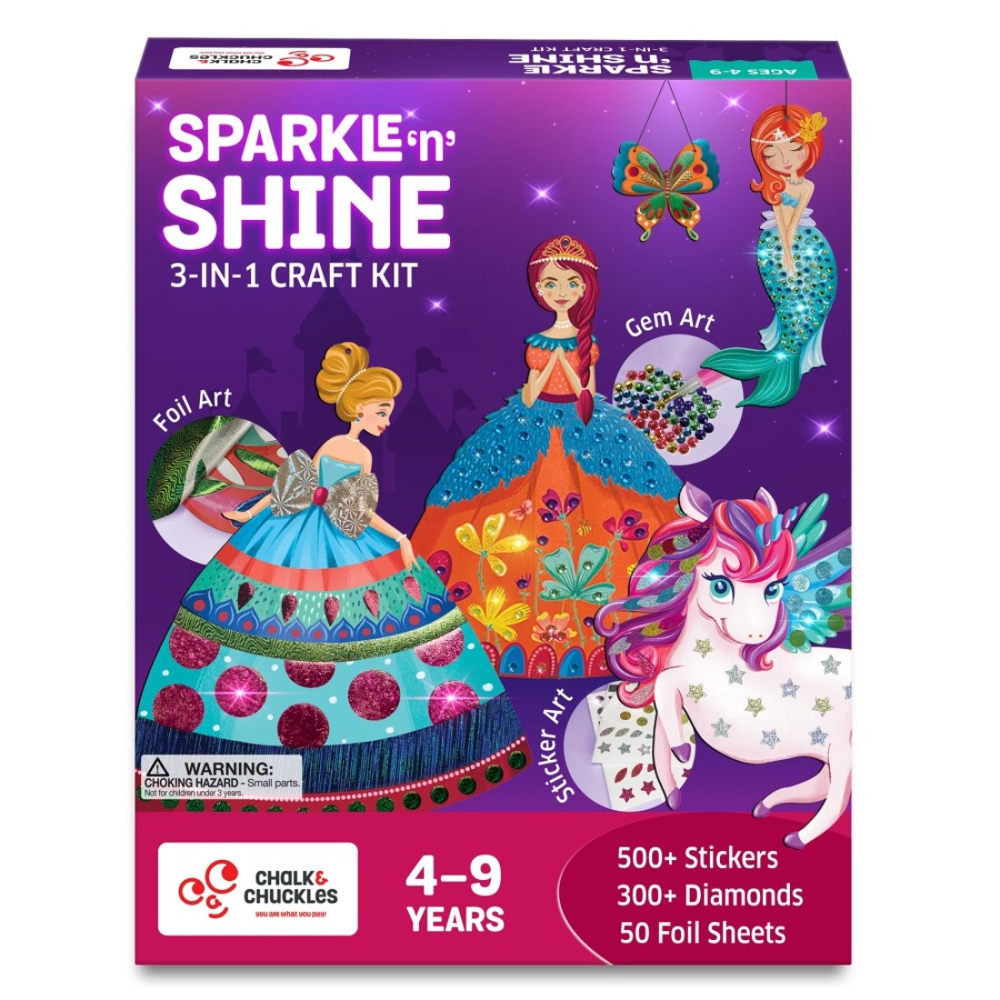 Chalk and Chuckles Art and Craft Kit Sparkle Shine Unicorn Princess MessFree Foil Art and Diamond Painting Set Birthday Gift for Girls Ages 456789 DIY Toys for Kids