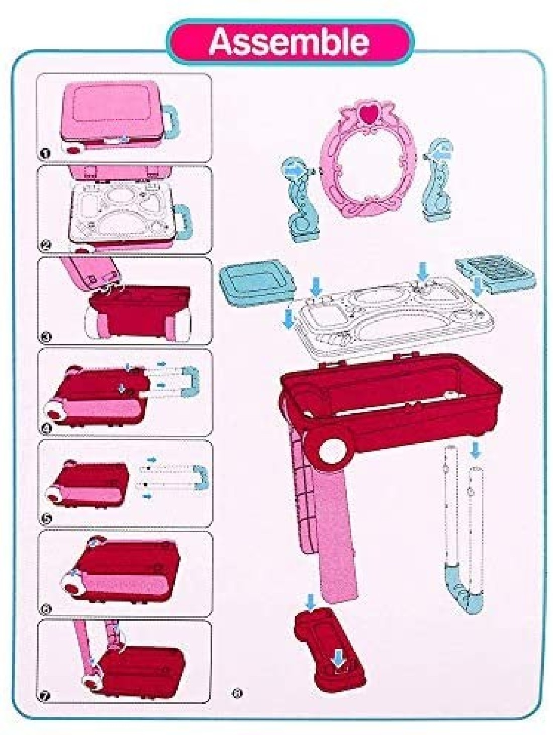 2 in 1 Pretend Play Kids Vanity Table and Chair Beauty Mirror and Accessories Play Set with Trolley Fashion Makeup Accessories for Girls