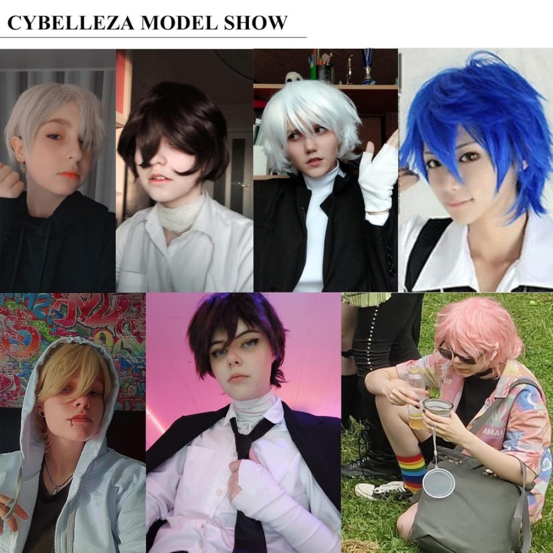 Anime Cosplay Wig Short White Wigs for Women/Men Synthetic Curly Straight Fancy Dress Wig Layered Fluffy Halloween Costume Party Wig with Free Cap
