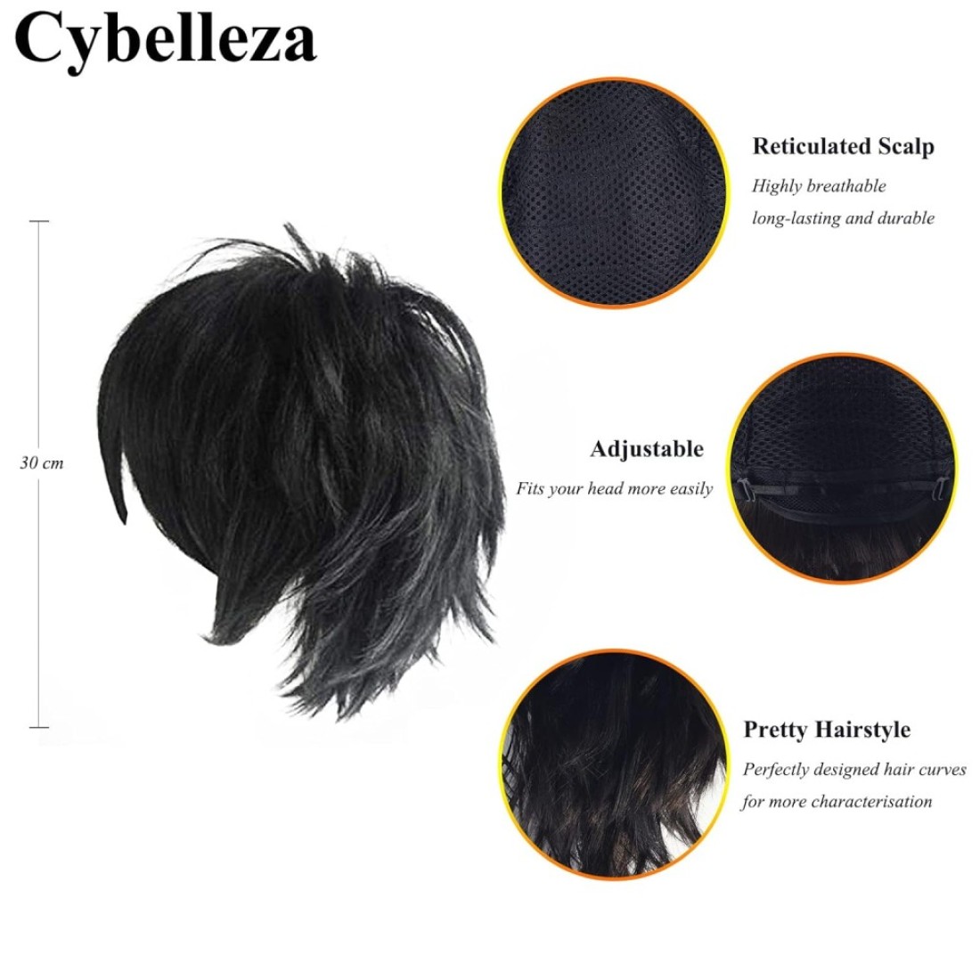 Anime Cosplay Wig Short Black Wigs for Women/Men Synthetic Curly Straight Fancy Dress Wig Layered Fluffy Halloween Costume Party Wig with Free Cap