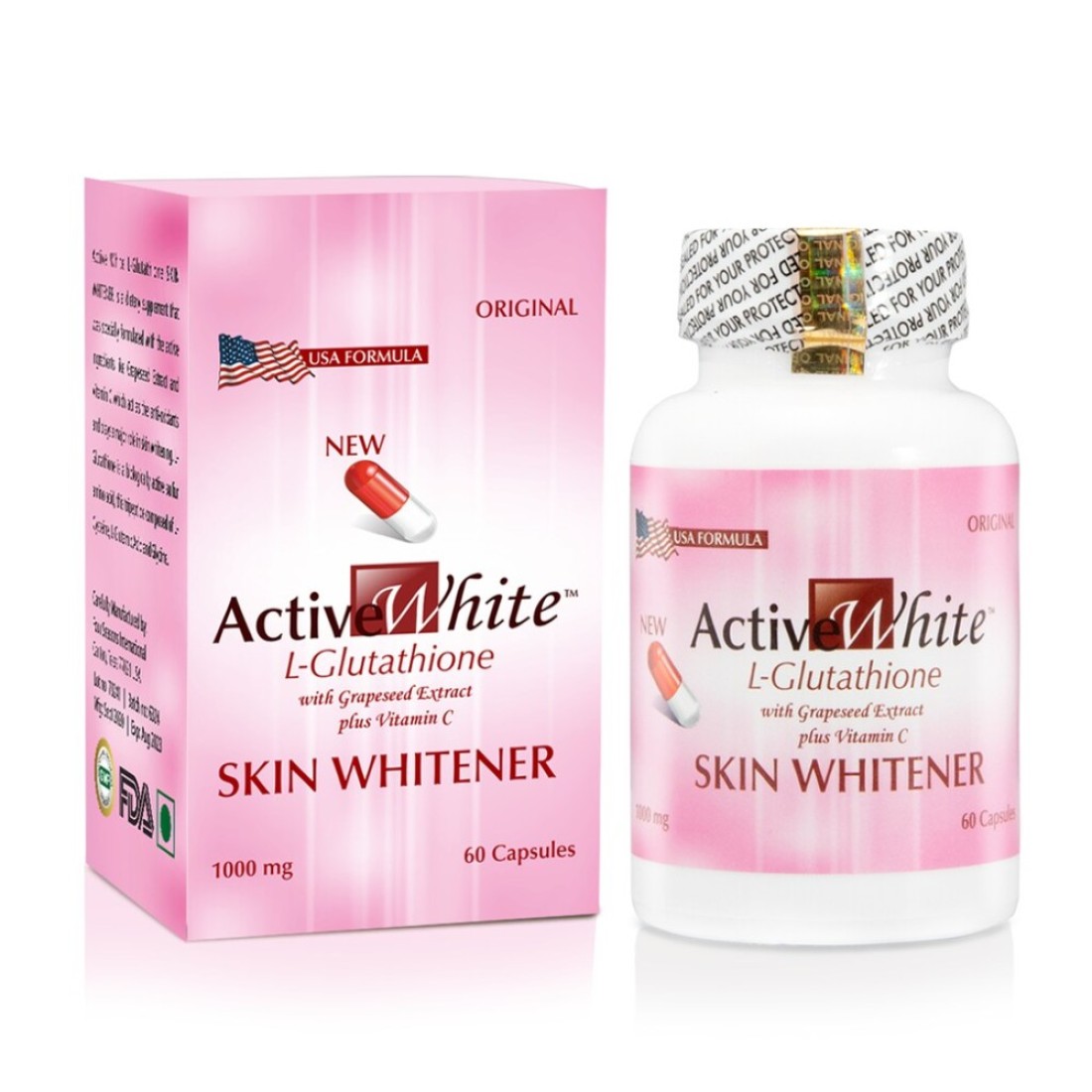 Active White Glutathione Skin Whitening Capsules ( 60 Capsules = 1 Bottle)