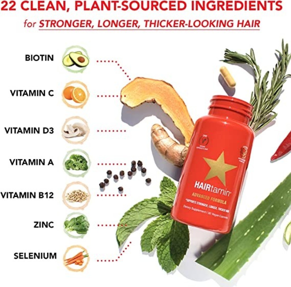 Hairtamin Healthy Hair Growth Vitamins - Biotin Hair Growth Supplement - 30 Capsules - Hair Vitamins To Help You Grow Gorgeous, Longer Stronger Looking Hair