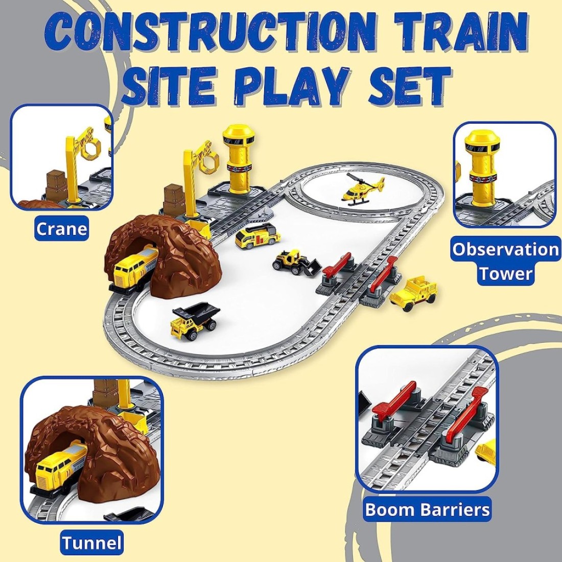 Fitto Train Toy playset for Boys Girls with helicopter and construction vehicle, Trains Tracks, Railway Kits Locomotive Engine, Cargo Car Track, Christmas Gifts for 3 4 5 6 7 8+-year-old Kids