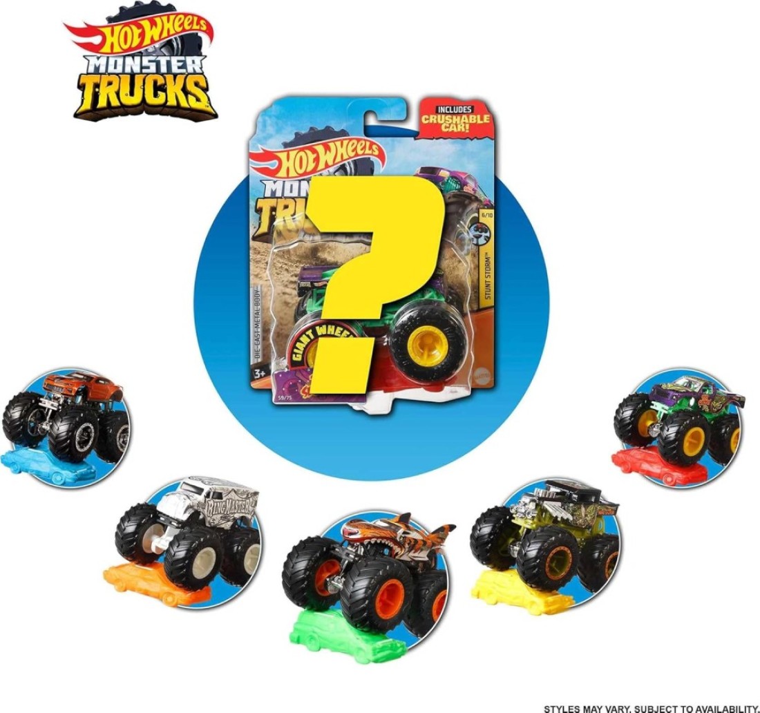 مجموعة سيارات Monster Trucks بمقياس 1:64 من Hot Wheels المصنوعة من قوالب مصبوبة بعجلات عملاقة
